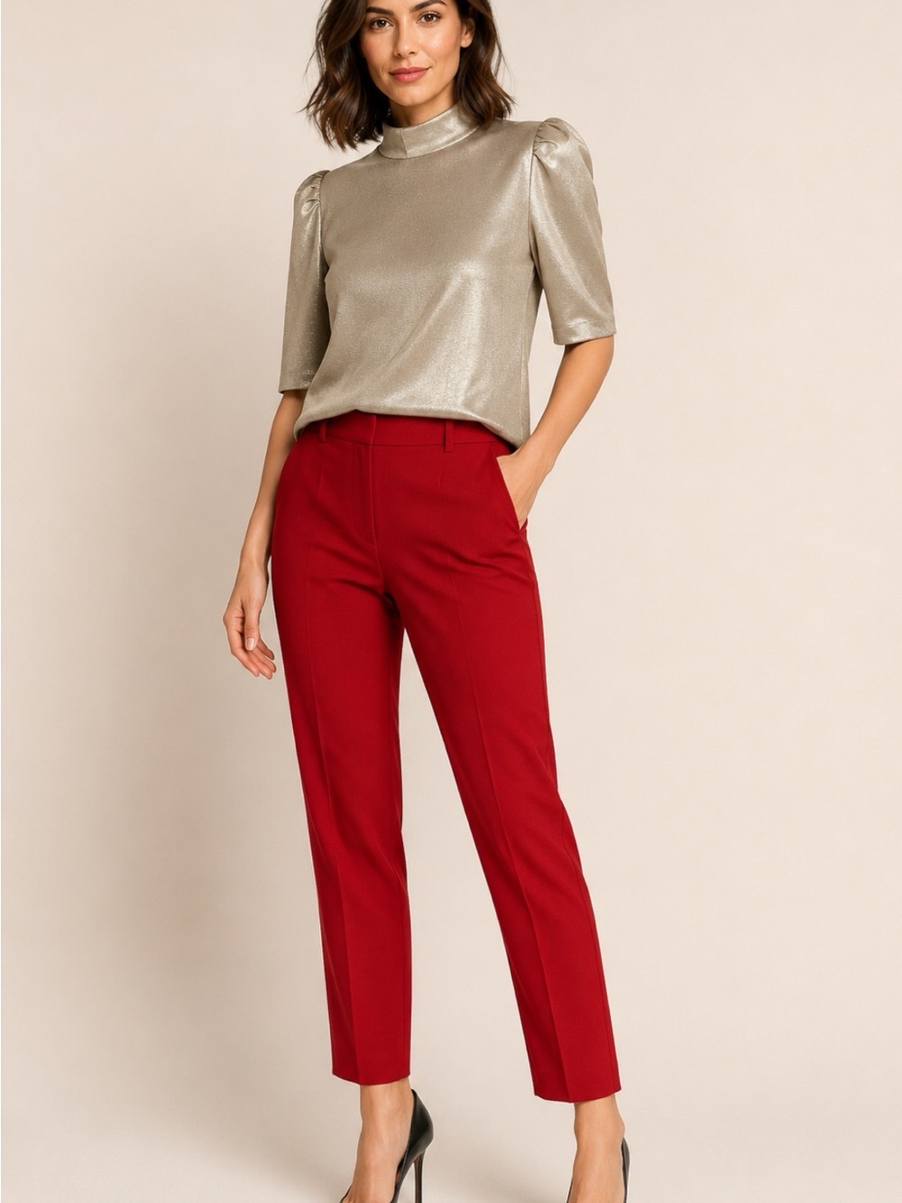 DKNY Metallic Champagne Mock Neck Puff Sleeve Top XL